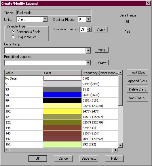 Create/Modify Legend dialog box after deleting unused fuel model classes