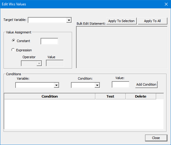 Blank Edit Wxs Values dialog.