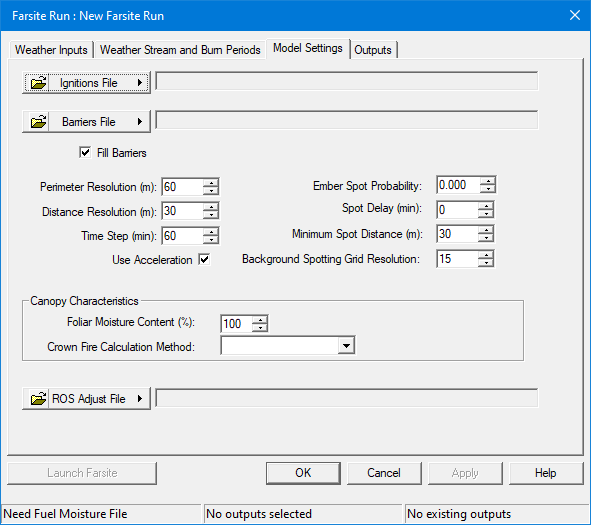 Model Settings tab in the Farsite Run dialog box.