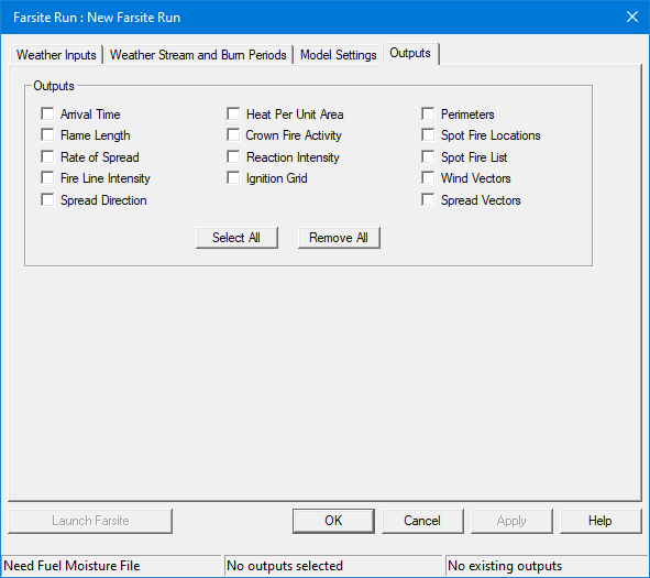Outputs tab from Farsite Run dialog box.