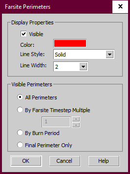 Farsite Perimeters dialog showing default parameters.