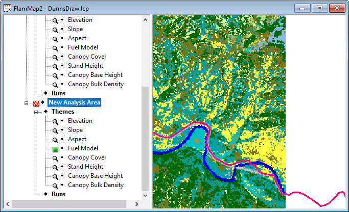 Project window showing New Analysis Area with fuels grid theme Project window showing New Analysis Area with fuels grid theme