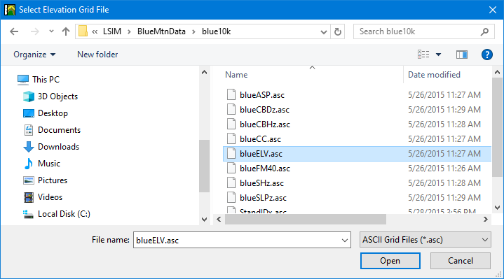 Select Elevation Grid File dialog box.