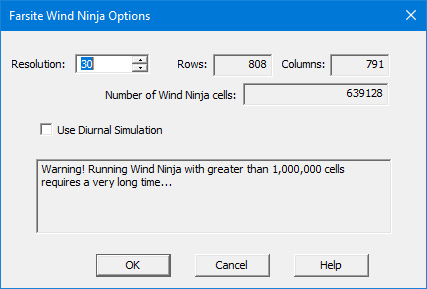 Farsite Wind Ninja Options dialog showing default settings.