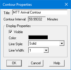 Contour Properties dialog showing the display properties of the MTT Arrival Contour vector theme.