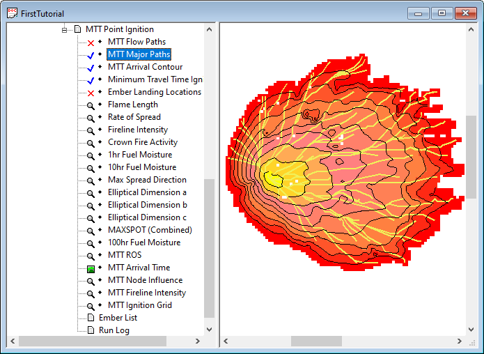 Arrival time grid with ignition, time contour, and major path vector themes displayed.