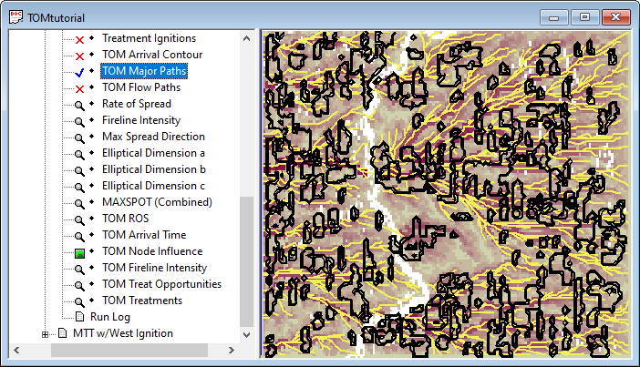 Flammap project window showing the Node Influence grid with Major paths and treatment contours overlayed.