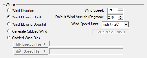 Winds section of Run dialog with uphill option selected.