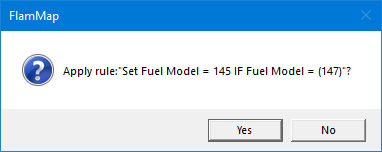 Apply Rule dialog for changing fuel model 147 to 145.