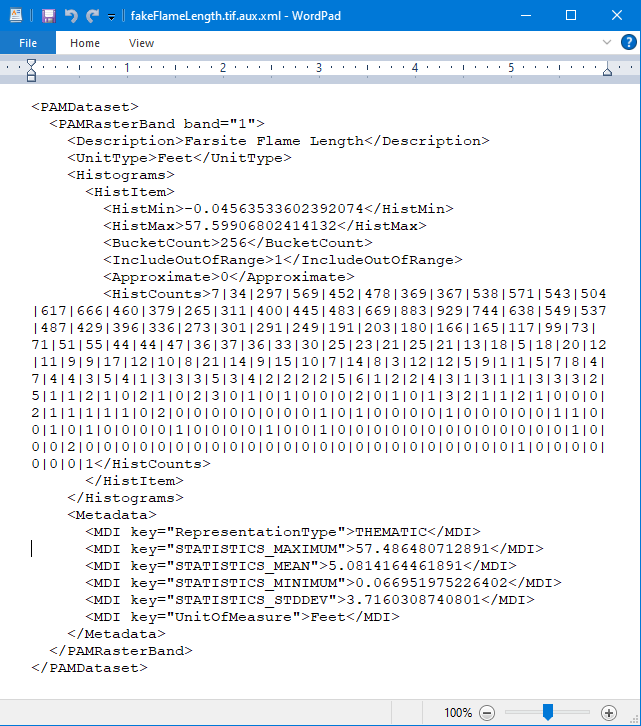 Flame length example of a .aux.xml metadata file.
