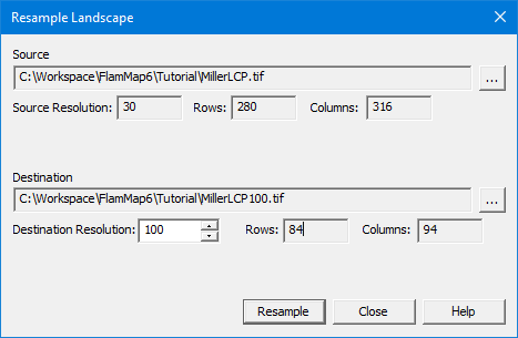 Resample Landscape dialog completed and ready to Resample.