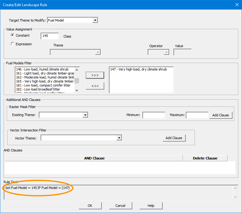Create/Edit Landscape Rule dialog box showing simple rule changing fuel model 147 to 145.