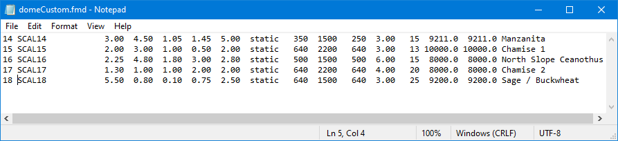 Example of Custom Fuel Model file in a Notepad window.