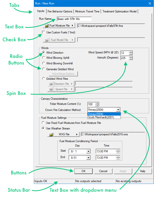 Run dialog with annotated dialog elements.