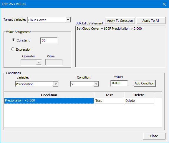 Example of developing an edit statement using the Edit Wxs Values dialog.