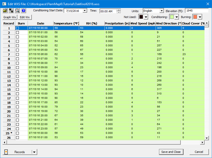 Edit WXS File dialog displaying weather observations,