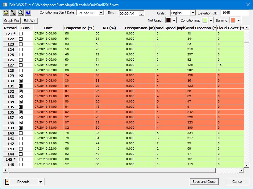 Edit WXS File dialog displaying selected burn period.