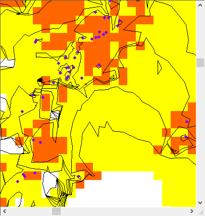Zoomed in view of perimeters and spot fires.
