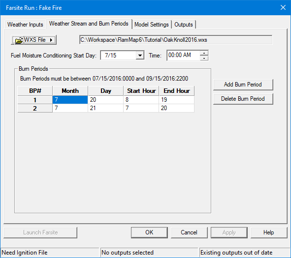 Weathr Stream and Burn Periods tab displaying tutorial settings.