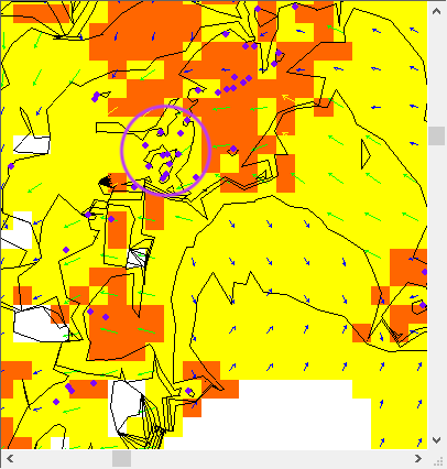 Zoomed in view showing perimeters, spot locations, and wind vectors.