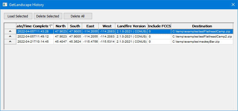Get Landscape History dialog displaying three previous landscape requests.
