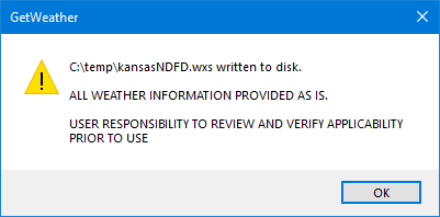 Dialog confirming weather stream was written to disk.
