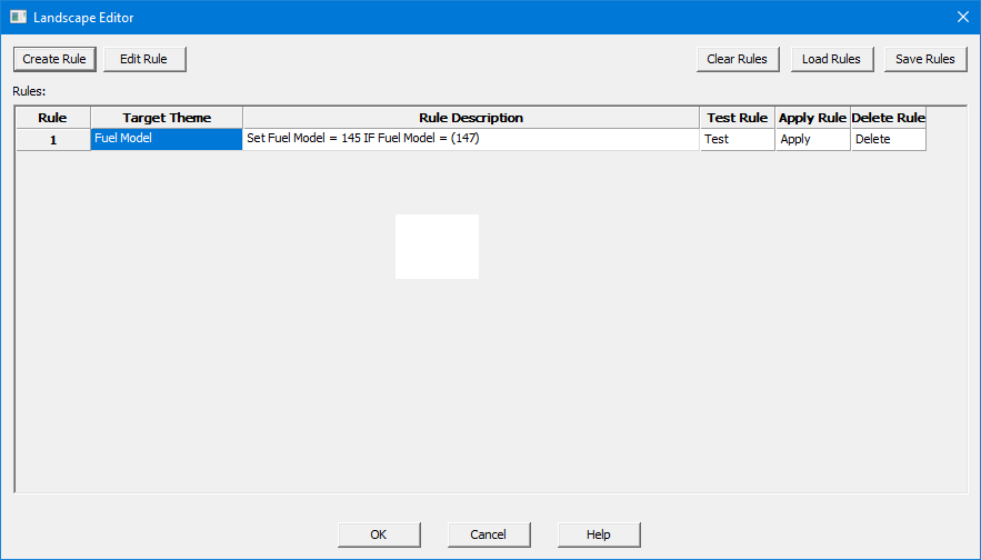 Landscape Editor dialog box listing single rule changing fuel model 147 to 145.