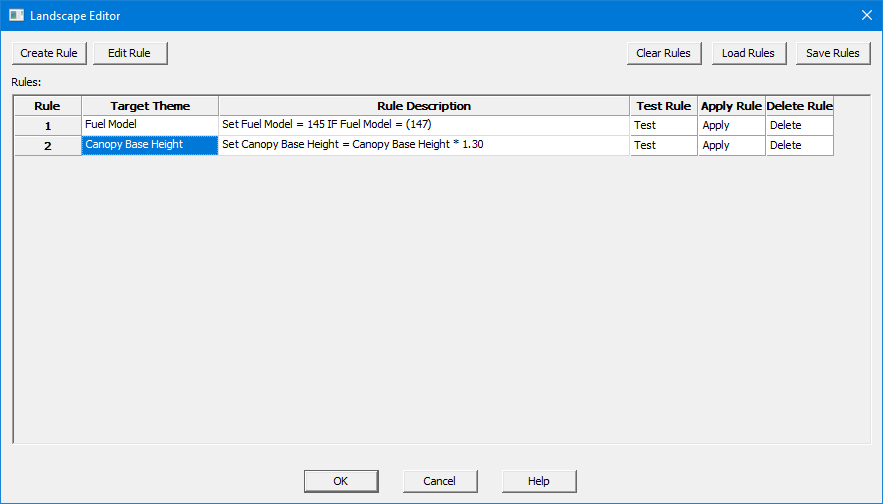 Landscape Editor dialog box showing two rules.
