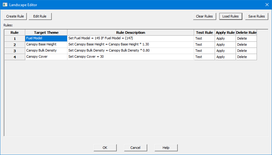 Landscape Editor dialog showing the saved four rules without the masks.
