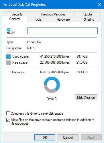 General tab on Local Disk Properties dialog showing C drive usage.