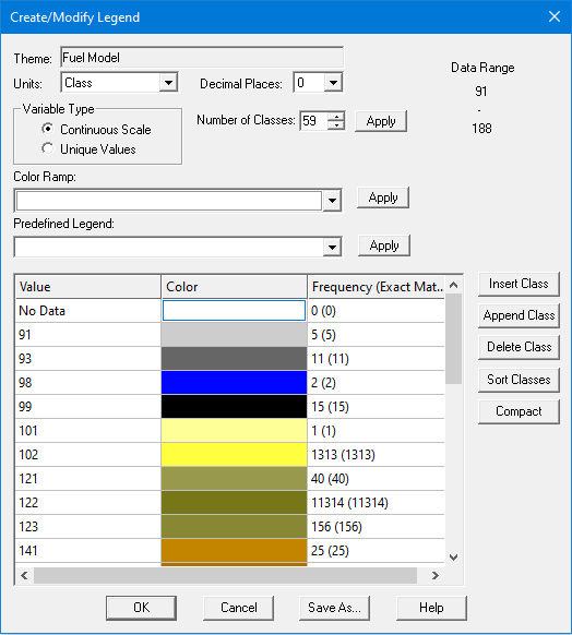 Create/Modify Legend dialog box after deleting unused fuel model classes