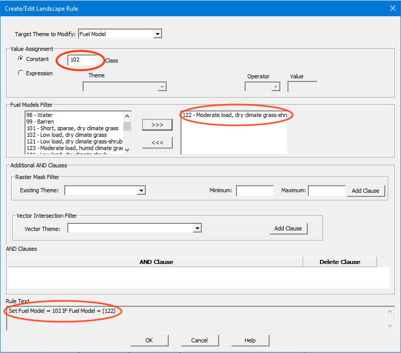 Create/Edit Landscape Rule dialog with simple fuel model edit.