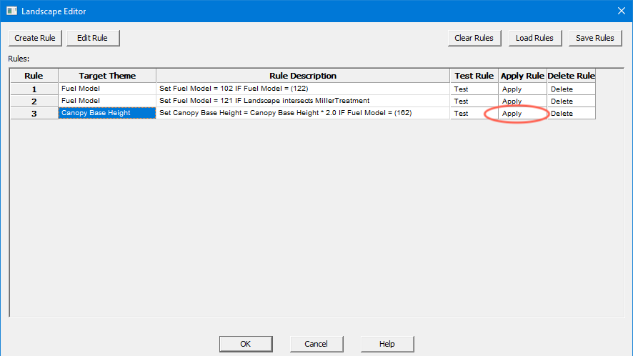 Landscape Editor dialog showing three edit rules.