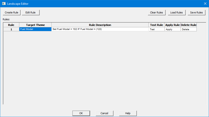 Landscape editor dialog showing the previous fuel model edit rule.
