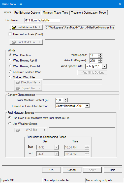 Completed Inputs Tab for burn probability run.