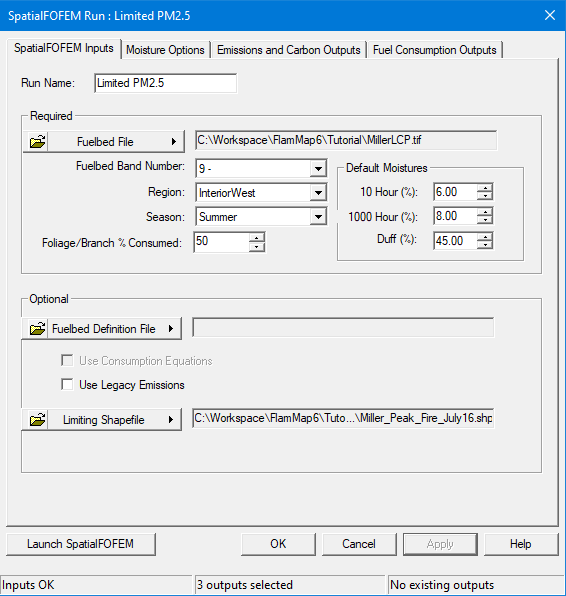 SpatialFOFEM Run dialog for Limiting PM2.5 run.