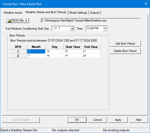Weather Stream and Burn Periods tab displaying tutorial settings.