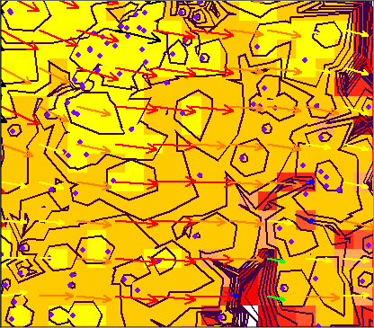 Zoomed in view showing perimeters, spot locations, and wind vectors.
