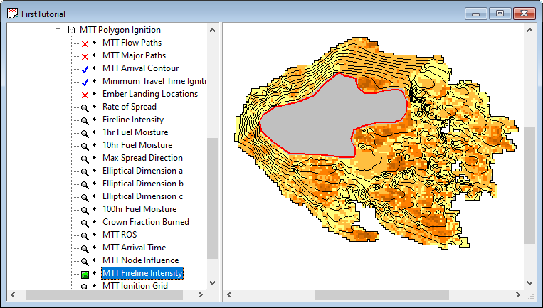 MTT fireline intensity grid with arrival time contours