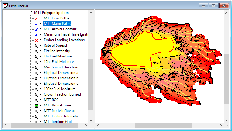Arrival time grid with arrival time contours and major path vector themes displayed.