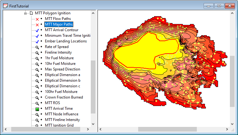Project window showing arrival time grid, arrival time contours, and spot locations.