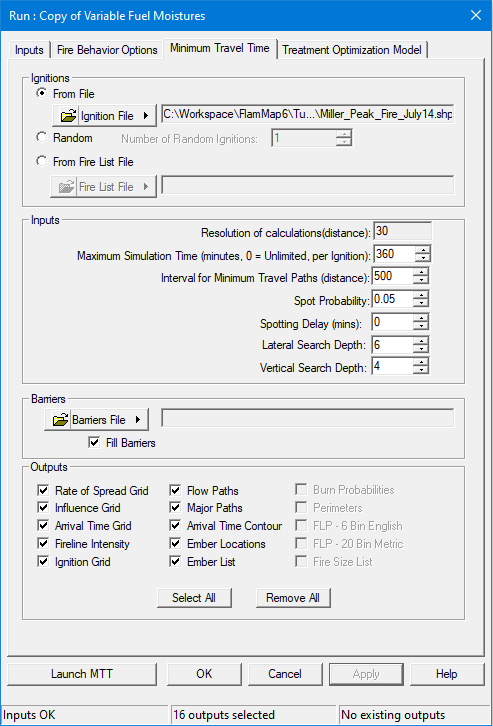 Completed Minimum Travel Time tab, ready to launch simulation.