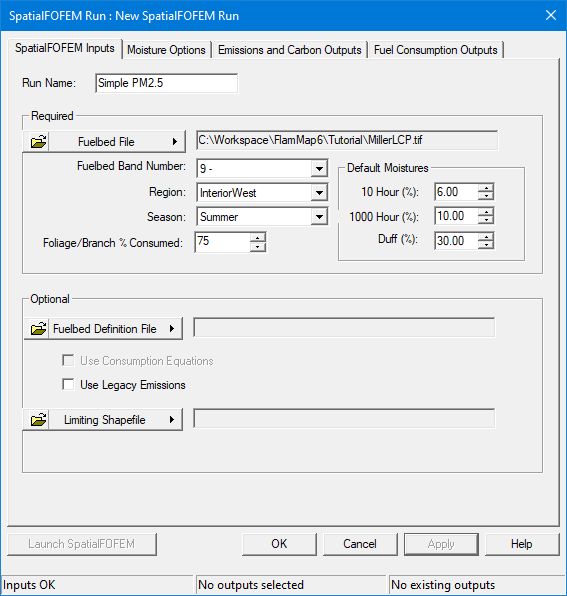 Completed SpatialFOFEM Inputs tab for Simple PM2.5 run.
