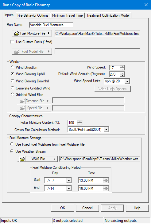 Inputs tab for Variable Fuel Moistures run.