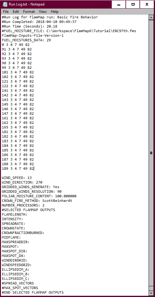 Notepad window showing example of FlamMap Run Log.