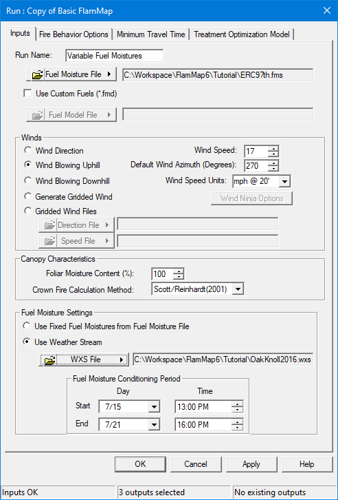 Inputs tab for Variable Fuel Moistures run.