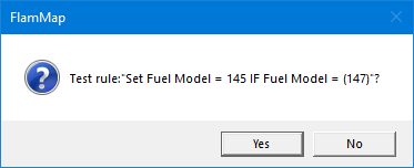 Test Rule dialog box for changing fuel model 147 to 145.