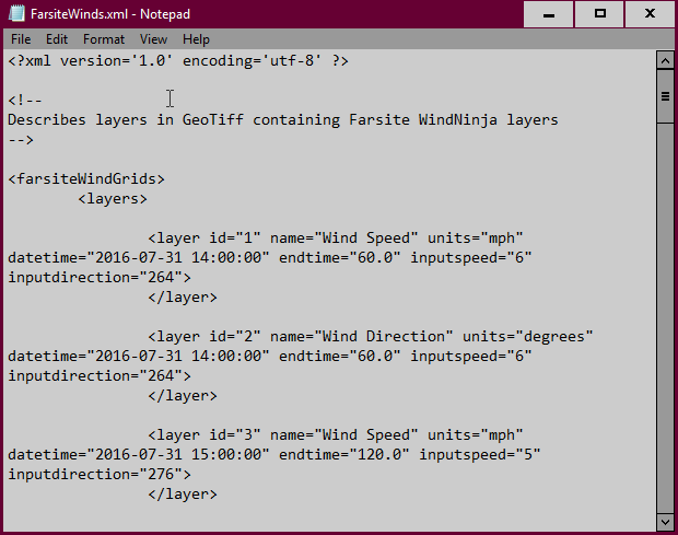 Example XML file of Farsite wind metadata.