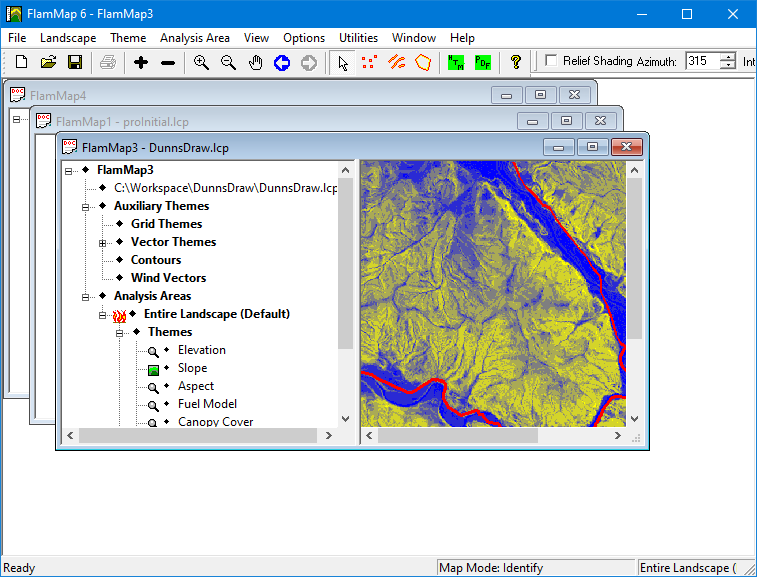 FlamMap window with three projects in cascade view.
