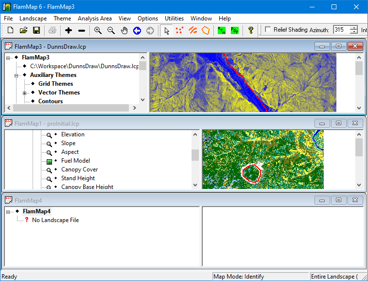 FlamMap window with three projects in tiled view.